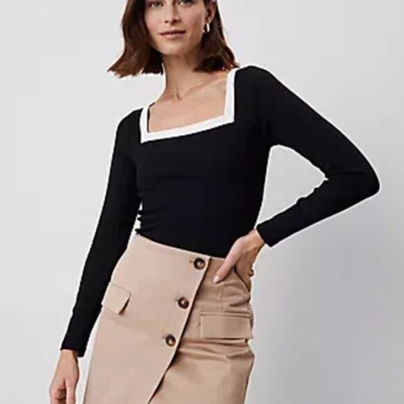 Ann Taylor Colorblock Square Neck Black White Top - Picture 1 of 5